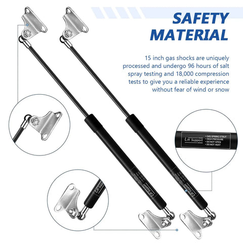 Two Pack 15 Inch Gas Struts Lift Supports 67 Lb 300 N For RV Beds Boat Hatches Cabinets Tool Boxes Outdoor Windows Heavy Duty Replacement Parts Fits Lids 54 74 Lb showing dual gas shocks and safety material description