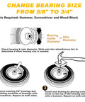 Illustration showing steps to change bearing size from 5/8 to 3/4 inch on Beefy 16 Inch Pneumatic Wheelbarrow Tire And Wheel Set.