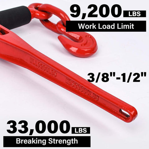 Close-up of G80 Chain And Ratchet Binder Set 3/8 To 1/2 Inch with red hook, showing 9,200 lb work load limit.