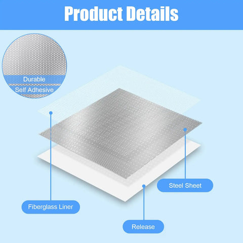 DIY Wall Repair Kit No Pro Needed With 4 Large 12 Inch Self Adhesive Mesh Patches showing layer details: fiberglass liner, steel sheet, release.