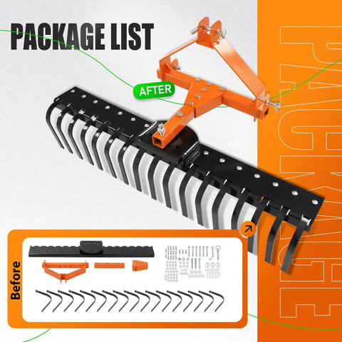 3 Point Rock Rake for Category 0 Tractors with 360 Degree Rotation, showing components and assembly before and after.