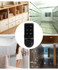 Rock Solid Electronic Cabinet Deadbolt Digital Touch Keypad Password Lock Keyless Entry Panel displayed in storage locker settings.