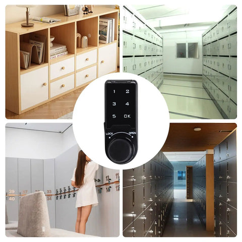 Rock Solid Electronic Cabinet Deadbolt Digital Touch Keypad Password Lock Keyless Entry Panel displayed in storage locker settings.