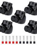 Heavy Duty Five Pack Two Port Insulated Multi Tap Connectors For Hooking Up Copper Or Aluminum Wires Makes Wiring A No Sweat Job With Pre Filled Oxide Inhibitor Keeping All Your Joints Locked Down 4 To 14 Awg Ready, showing a set of black connectors.