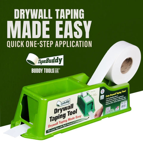 TapeBuddy Drywall Taping Tool For Faster Mud Application, DIYers friendly tape dispenser with roll, green color