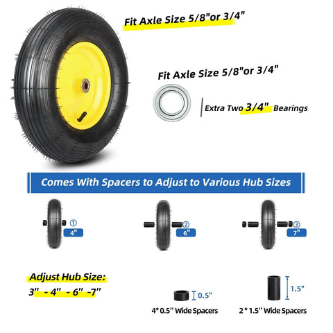 Two Pack 16 Inch Wheelbarrow Tire And Wheel With 4.80 4.00 8 Size Pneumatic Wheel Centered Hub 3 To 6 Inches And Five Eighths Inch And Three Quarters Inch Bearings For Hand Trucks Trolleys Garden Carts And Wagons Explorer Series with spacer options and bearing sizes shown