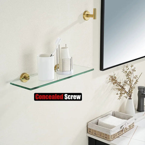 Gold Brushed Stainless Steel Glass Shelf For Bathroom 16x5 Inch with wall mount and toiletries, Model TGS101-BG