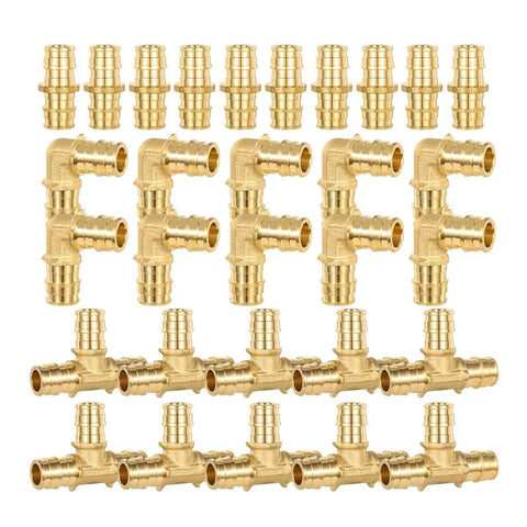30 Pack PEX A Combo Fittings Set With Elbow Tee And Coupling, heavy duty lead-free brass, for PEX A pipe connections, NSF ANSI 61 372 certified.