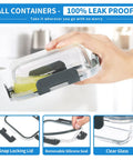 Hand holding 24 Piece Small Glass Food Storage Containers With Lids 1.5 Cup Meal Prep Set Airtight Leak Proof BPA Free Microwave Oven And Dishwasher Safe Rectangular Interchangeable Lids Grey, showing snap locking lid and removable silicone seal.