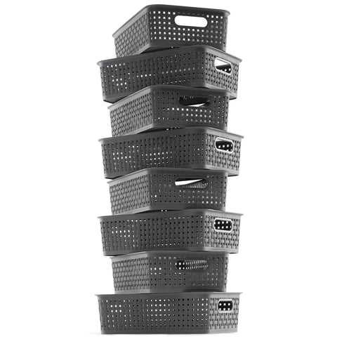 Stack of Durable Gray Plastic Storage Baskets 8 Pack With Ventilated Design For Easy Sorting In Closets Cabinets Shelves And Countertops