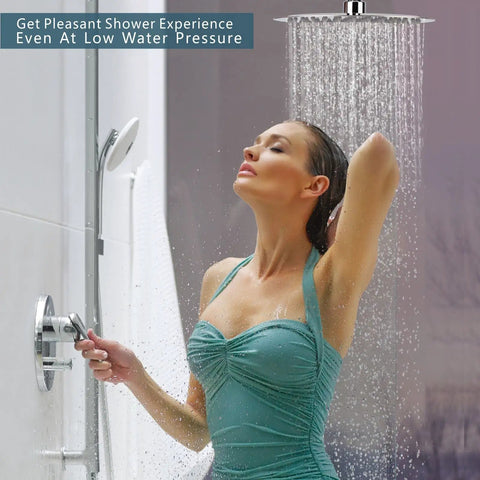 Woman enjoying 12 Inch High Flow Rain Shower Head In Chrome Finish, All Metal Stainless Steel Build, Waterfall Body Coverage, Ultra Thin Design With Air In Tech For Dope Water Pressure, Universal Wall Or Ceiling Mount