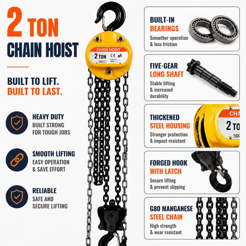 2 ton chain hoist with thickened steel housing, forged hook, and G80 manganese steel chain for reliable lifting.
