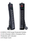 Six Pack Professional Surge Protector Power Strip Bundle With 6 Outlets 1200J Surge Shield 2 USB Ports 4ft Cord Black Easy Auto Shutdown