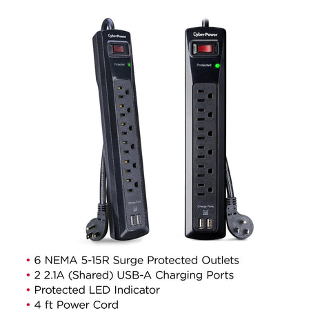 Six Pack Professional Surge Protector Power Strip Bundle With 6 Outlets 1200J Surge Shield 2 USB Ports 4ft Cord Black Easy Auto Shutdown