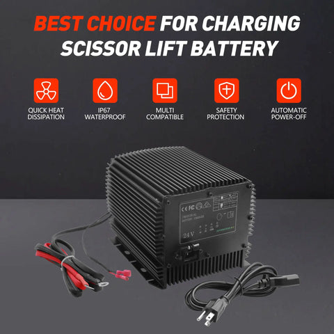 Heavy Duty Built Like A Tank 24V 25A Scissor Lift Battery Charger With Auto Shutoff And IP67 Waterproof Seal with cables.