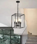 Black Classic Foyer Chandelier 4 Light Farmhouse Pendant Lighting For Kitchen Dining Room And Entryway With Square Cage Shades Ceiling Hanging Fixture Dimmable With E26 Base Adjustable Height Bulbs Not Included