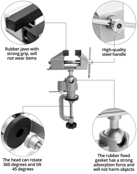 Two Pack 3 Inch Universal Tabletop Clamp Vise With 360 Degree Rotation And 45 Degree Tilt, rubber jaws, steel handle, adjustable base