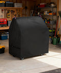 Heavy Duty 600D Bandsaw Cover For Deluxe Horizontal And Vertical Tabletop Saws All Weather Dustproof Protection Heavy Duty Construction Fits 47.3 Inches Long 30 Inches Wide 50 Inches High covering a saw in a garage.