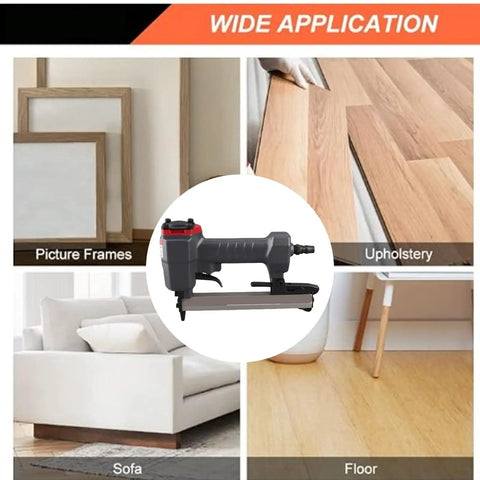 Heavy Duty Pneumatic Brad Nailer With 100 Nail Capacity And Slick Jam Clearing Tech For Smooth Carpentry Woodworking and DIY Projects displayed with different applications.
