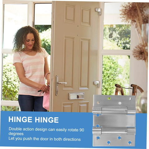 Front view of a beige entry door being opened; stainless steel double-acting spring hinge for garage doors.