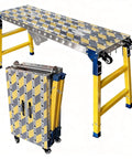 Heavy Duty Steel Welding Table Workbench With Slick Glide Casters Adjustable Height Folding Scaffold And Rock Solid Non Slip Platform Built Like A Tank For Garage Hustle, folded with yellow frame, 47.2in length.