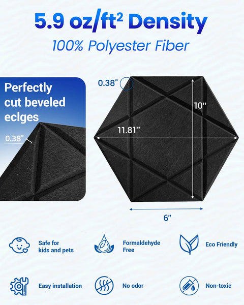 Kick The Echo To The Curb With Hexagon Acoustic Panels 12 Pack Self Adhesive Sound Proofing Foam Wall Tiles High Quality Polyester Fiber Noise Reduction Tiles For Room Treatment - Close-up of black hexagon panel with dimensions and eco-friendly features.