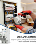 2 Pole DC Solar PV Circuit Breaker Type C Non-Polarized 500V 32A With 4.5kA Breaking Capacity For Solar Panels And Grid Setups DIN Rail Mounting 35mm Gray, shown being installed in a panel.