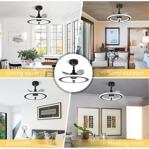 19 Inch Modern Ceiling Fan With Dimmable LED Light installed in dining, semi-outdoor, bedroom, and meeting room settings