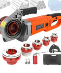 Heavy Duty 2300W Electric Pipe Threader Kit With Six Dies For Bspt Pipes Portable Handheld Plumbing Tool For Pro Home Use, shown with dies and accessories.