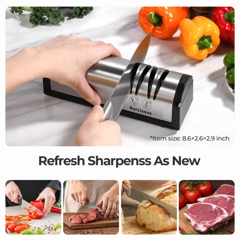 Using a Fast 2 Stage Electric Knife Sharpener For Home Kitchen, Pro Grade Sharpening And Polishing, stainless steel finish