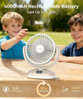 Two kids enjoying Compact Desk Fan On The Go Quiet Rechargeable Mini Fan With 4 Speeds LED Display And LED Light 31 Hour Runtime.