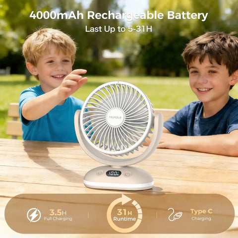 Two kids enjoying Compact Desk Fan On The Go Quiet Rechargeable Mini Fan With 4 Speeds LED Display And LED Light 31 Hour Runtime.