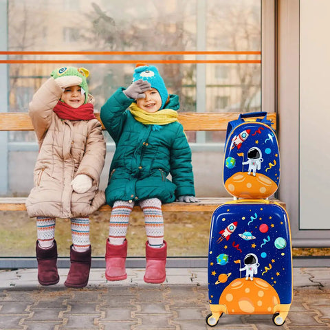 Two Piece Kids Luggage Set With 12 Inch Backpack And 18 Inch Rolling Suitcase In Blue Astronaut Design beside sitting children.