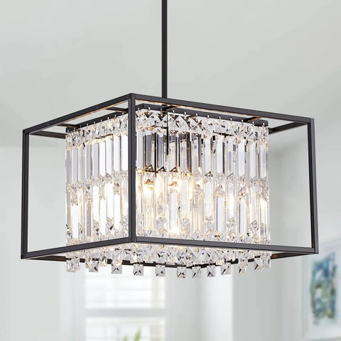 Modern Farmhouse Black Metal 4 Light Chandelier With Crystal Square Pendant Lights Industrial Pendant Light For Dining Room Kitchen Island Living Room Foyer Hallway Entryway 15.75 Inch