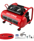 Two Gallon Portable Air Compressor With One Third HP Max, 125 PSI Oil Free, Lightweight And Ready For DIY Projects, shown with accessories