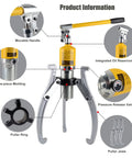 Hella Durable Hydraulic Gear Puller Set With Hand Pump 50 Ton showing movable handle, pressure release valve, and puller jaws.