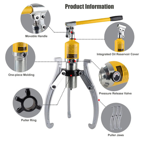 Hella Durable Hydraulic Gear Puller Set With Hand Pump 50 Ton showing movable handle, pressure release valve, and puller jaws.