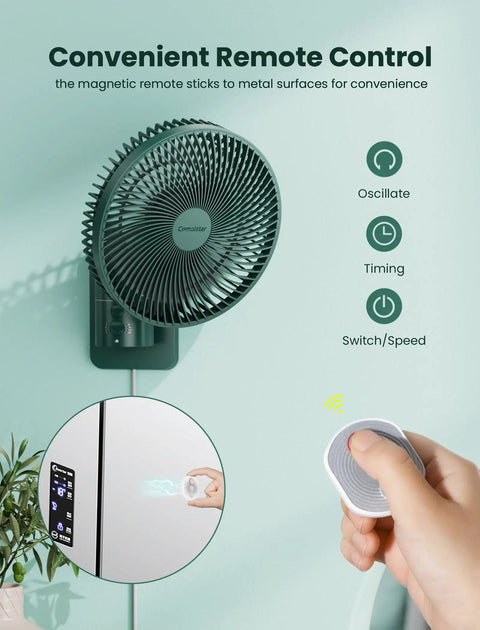 Wall Mounted Oscillating Fan With Remote And Timer For Home And RV Use, 8.5 Inch Compact Fan mounted on wall with remote control