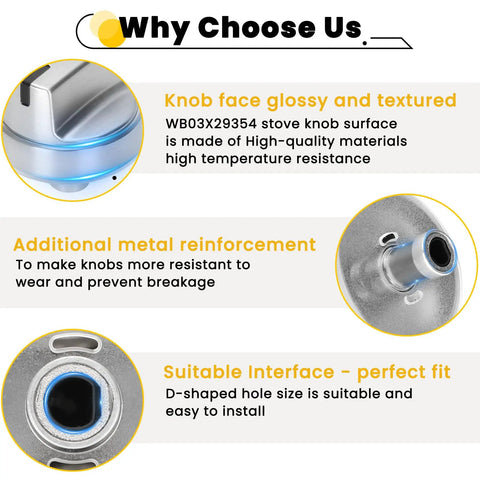5 Pack Stove Knob Set for Gas Range Replacement Knobs with glossy textured surface and metal reinforcement highlights
