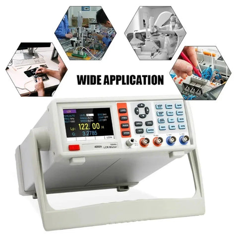 4090B Digital LCR Meter Desktop Tester Measures Capacitance Resistance Inductance Impedance With 3.5 Inch TFT Screen Remote Control and sorting feature, showcasing clear display and multiple measurement functions.
