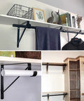 Heavy Duty Closet Rod Brackets Four Pack Wall Mount Shelf Supports Crafted From Cold Rolled Steel With Rust Proof Black Finish mounted with towels, shelves, and decor.