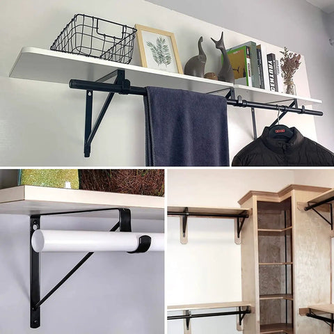 Heavy Duty Closet Rod Brackets Four Pack Wall Mount Shelf Supports Crafted From Cold Rolled Steel With Rust Proof Black Finish mounted with towels, shelves, and decor.