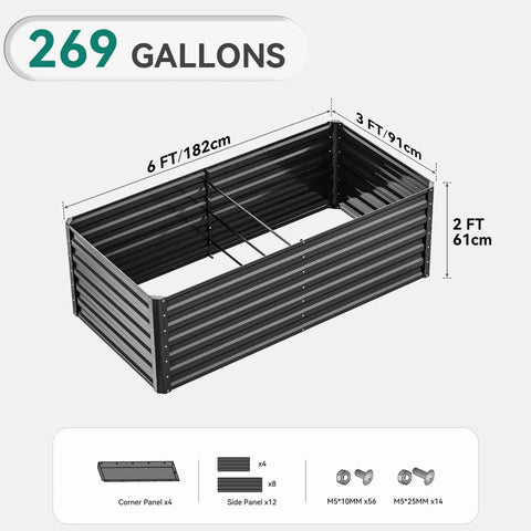 Diagram of Two Pack Galvanized Raised Garden Bed Kit 6x3x2 Ft showing dimensions and parts included.
