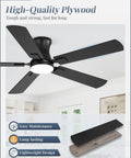 Modern 52 Inch Ceiling Fan With Light And Remote, Slick Low Profile Setup For Living Space, Smart App Control Reversible Blades, Smooth Chill Airflow Total Game Changer featuring black plywood blades.