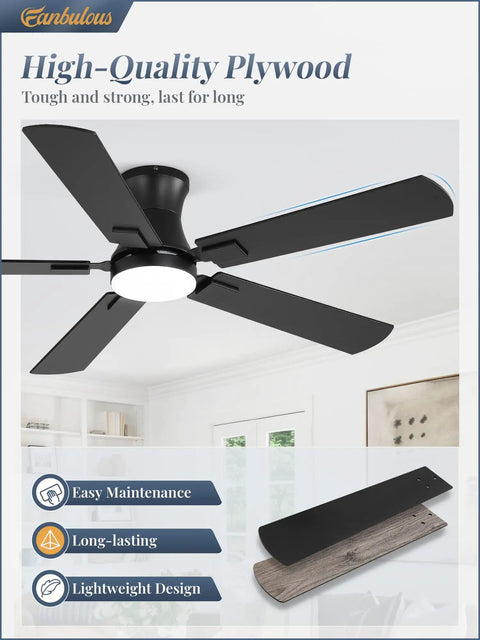 Modern 52 Inch Ceiling Fan With Light And Remote, Slick Low Profile Setup For Living Space, Smart App Control Reversible Blades, Smooth Chill Airflow Total Game Changer featuring black plywood blades.