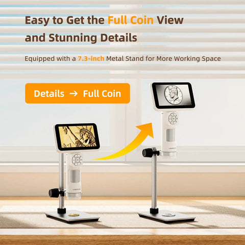 Portable Coin Digital Microscope With 5 Inch IPS Screen Hands On Style For Adults And Kids, Anti Shake Design, 8 LED Illumination, 1080P Video, 1800mAh Battery, PC View, And 7.3 Inch Metal Stand showing coin view on adjustable metal stand