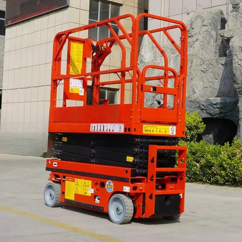 Straight Up Compact Scissor Lift Table Heavy Duty Mobile Material Hoist, compact size, orange color, ideal for workshops.