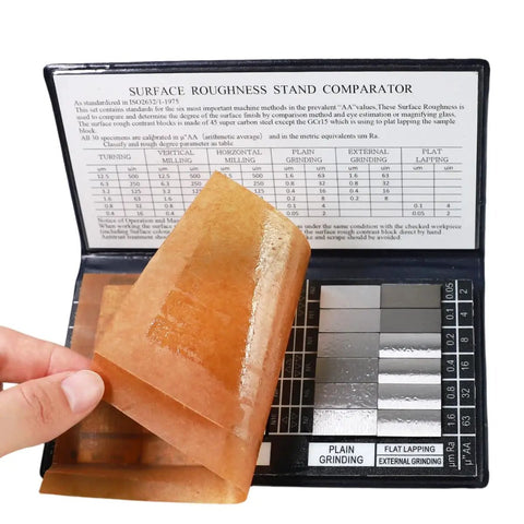 Surface Finish Comparator Set Ra 0.05 To 12.5 Micrometers, 30 hardened steel blocks inside an open case for roughness checks