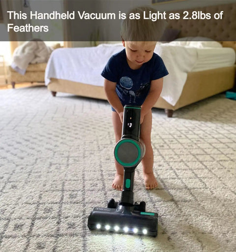 Child holding a lightweight Featherlight Cordless Stick Vacuum Sweeping Up Every Scrap With Muscle Bound 20000 Pa Suction And True HEPA Filtration.