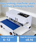 Rock Solid Commercial Heat Sealer Machine With Digital Temperature Control And Smoothly Adjustable Speed Heavy Duty Desktop Continuous Bag Band Sealer For Plastic Films And Quick Packing on countertop, showing sealing width and thickness specifications.
